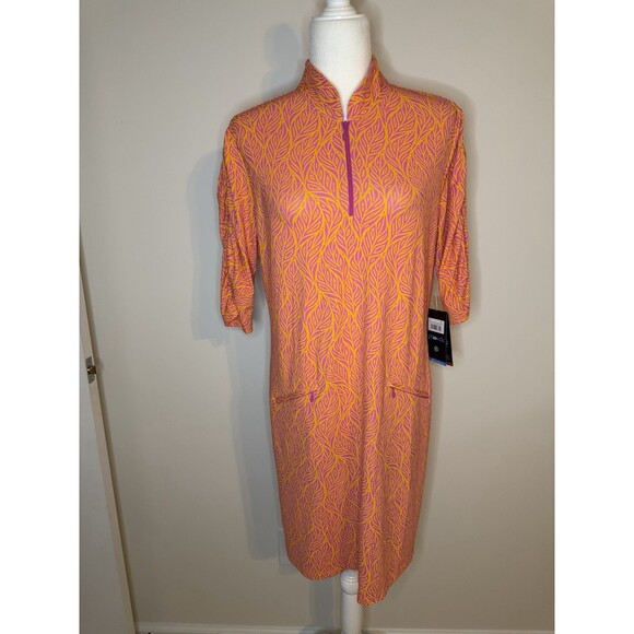 Ibkul Ruched Elbow Sleeve Dress Sally Orange Peel / Hot Pink Size XL NWT - Picture 2 of 11